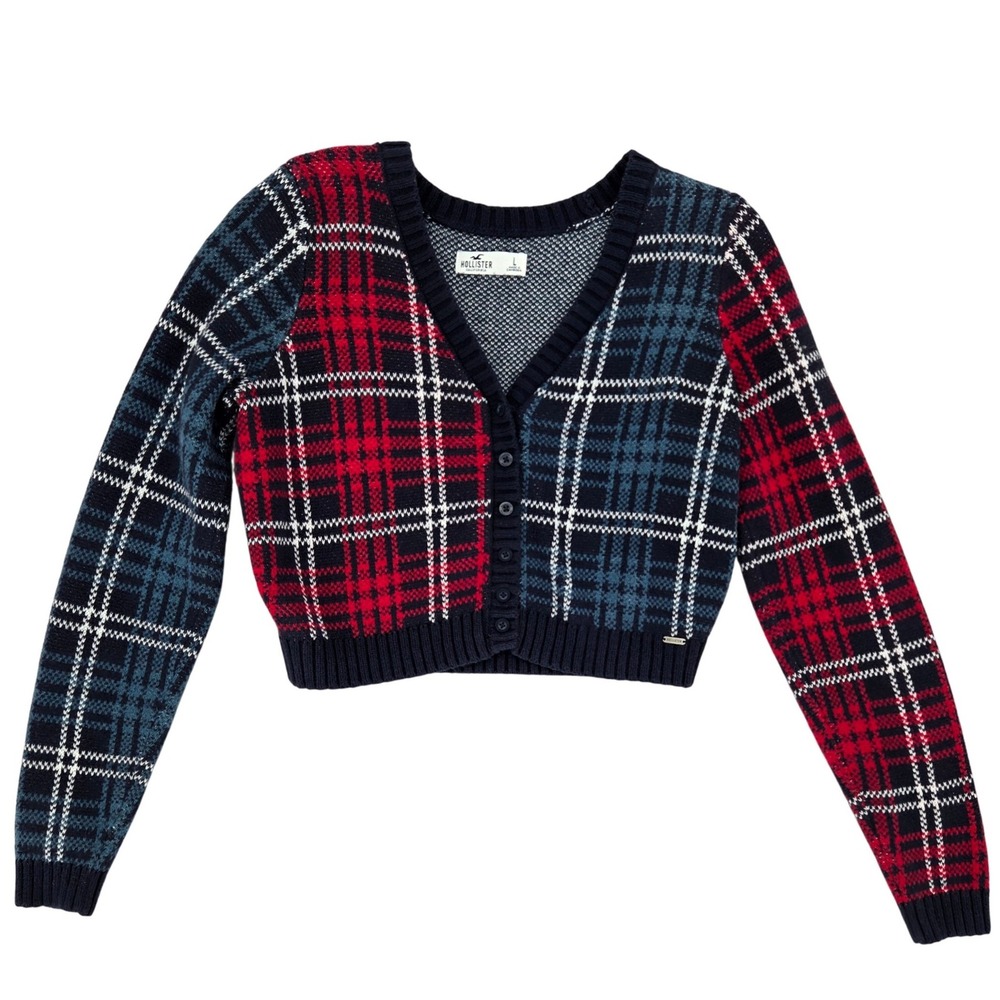 Hollister LARGE Cropped Plaid Cardigan Womens Preppy Cottage Colorblock Sweater